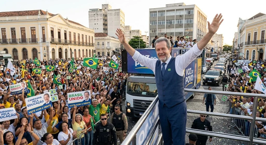 Evento fictício com muitas pessoas e bandeiras